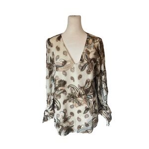 Vince Camuto Womens Paisley Metallic V-Neck Blouse S Beige Boho Cottagecore Chic